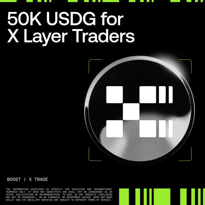 The image is a black promotional graphic with green accent elements reading "50K USDG for X Layer Traders" and "BOOST | X TRADE" alongside a circular metallic design, advertising Boost X Trade's 50K USDG prize pool for trading community-verified tokens like BEM, 宝拉, and FAB on OKX Web3's DEX until Oct 26 at 10 am UTC.
