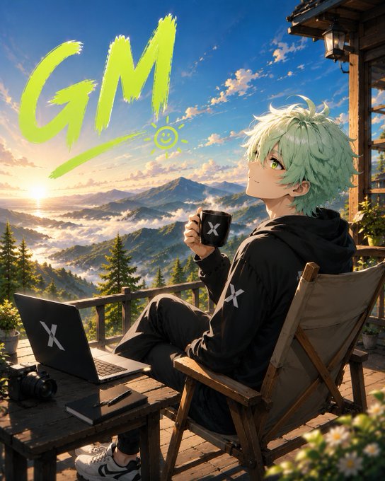 An anime-style character with green hair sits on a balcony overlooking mountains at sunrise, drinking from an 'X' mug beside an 'X' laptop, with 'GM' written in the sky.