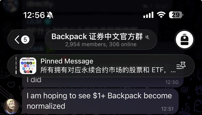 A screenshot of a Telegram group titled "Backpack 证券中文官方群" (Backpack Securities Chinese Official Group) with 2,954 members and 306 online, showing a pinned message about stocks and ETFs with perpetual contract markets. The visible chat shows a user stating "I am hoping to see $1+ Backpack become normalized," reflecting community discussion about Backpack's value and its official Chinese-language presence announced by @frankdegods.