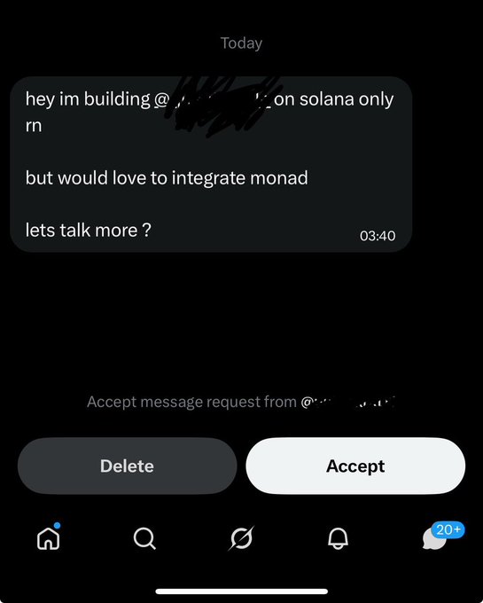 A screenshot of an Instagram message request from a user building on Solana, who expresses interest in integrating Monad and asks to talk more, with 'Delete' and 'Accept' options visible.
