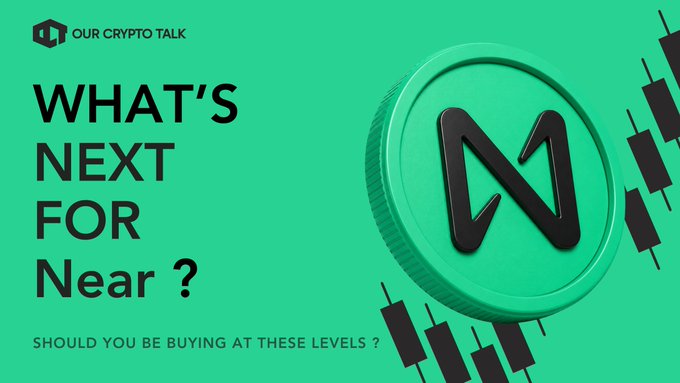 A green promotional graphic from "Our Crypto Talk" featuring a large 3D Near Protocol (NEAR) coin and black candlestick chart elements, with bold text reading "WHAT'S NEXT FOR Near?" and the tagline "SHOULD YOU BE BUYING AT THESE LEVELS?"—visually reinforcing the post's question about whether investors should buy NEAR given its alignment with the AI agent economy and blockchain narratives.