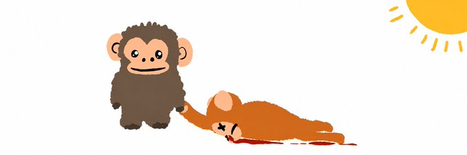 A cartoon illustration shows a smiling monkey holding the paw of a limp, unconscious-looking cat lying in a pool of blood beneath a bright sun. The dark, violent imagery stands in stark contrast to the post's enthusiastic praise for a memecoin's artwork and developer.