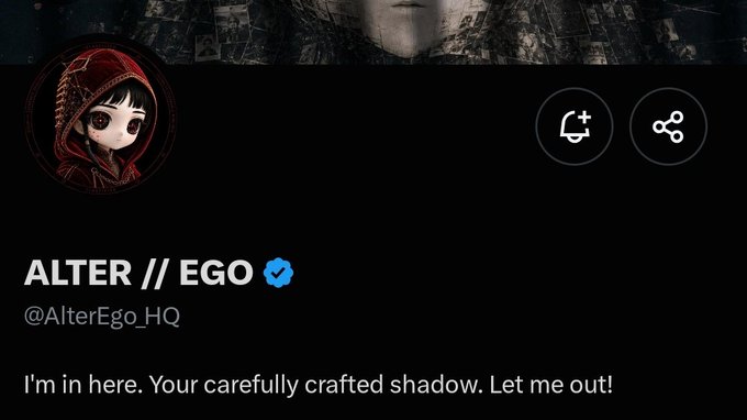 A dark-themed profile page for the verified Twitter/X account "@AlterEgo_HQ" titled "ALTER // EGO," featuring a stylized hooded doll avatar and the bio "I'm in here. Your carefully crafted shadow. Let me out!"—aligning with the post's note that this is an account worth keeping an eye on early.