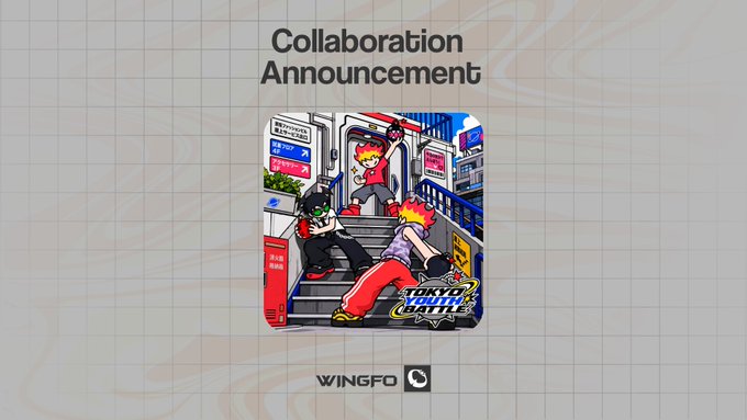 An illustration announcing a collaboration between Wingfo and "Tokyo Youth Battle" features anime-style characters in an urban setting, with mint details listed as 4,444 supply at 0.002 ETH.