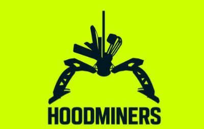 Yellow and black logo for 'HOODMINERS' featuring a stylized illustration of crossed mining tools including a pickaxe, hammer, and brush forming an arch shape.