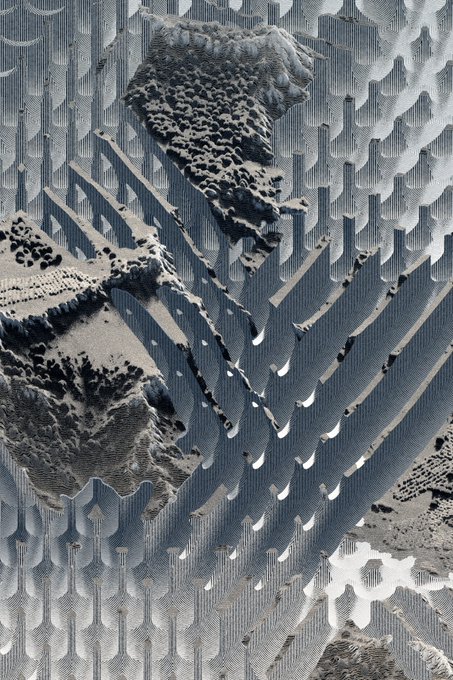An abstract digital artwork featuring metallic, spiky architectural structures layered with rough, organic rocky textures in grayscale tones.