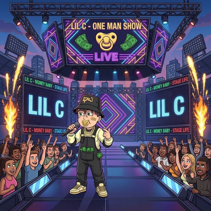 A cartoon illustration shows a character performing on a vibrant concert stage labeled 'LIL C - ONE MAN SHOW LIVE,' wearing overalls with cash and a bucket hat, surrounded by cheering fans and pyrotechnics.