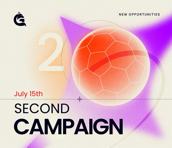 A promotional graphic for GrantFox's "Second Campaign" launching July 15th, featuring a stylized red soccer-ball-like sphere over purple and orange gradients with the text "NEW OPPORTUNITIES" and a large number "2," aligning with the announcement of new projects, GitHub issues, and Stellar rewards for contributors.