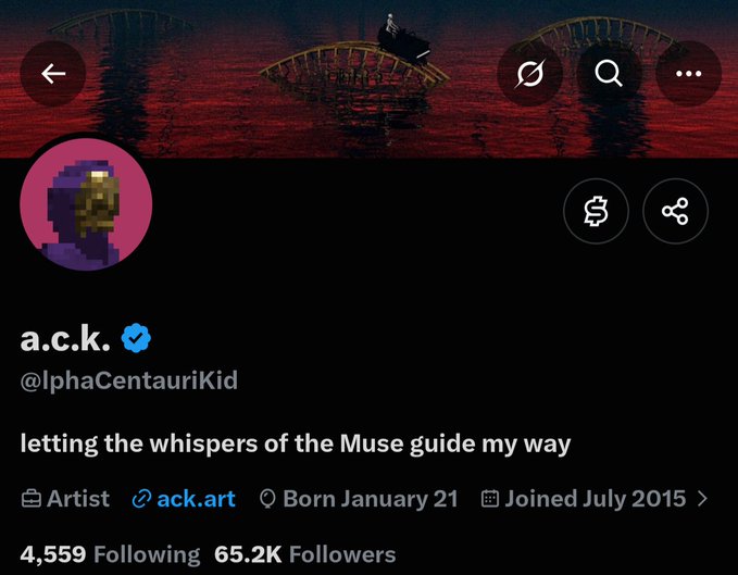 The image shows a Twitter/X profile for "a.c.k. ✔ (@IphaCentauriKid)," an artist with 65.2K followers and a "letting the whispers of the Muse guide my way" bio, which appears to be the artist being referenced in the post praising a web3 KOL's work despite criticism over pricing.