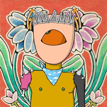 A colorful drawing shows a character with an orange beak, flower headdress, and yellow outfit with pointed shoulder accents against a red background with green leaves.