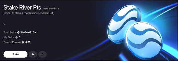 A screenshot of a 'Stake River Pts' page showing 'Total Stake 11,686,681.69', 'My Stake 0', and 'Earned Reward 0.00', with a note that 'River Pts staking rewards have ended in S3.', alongside two blue wavy coin graphics.