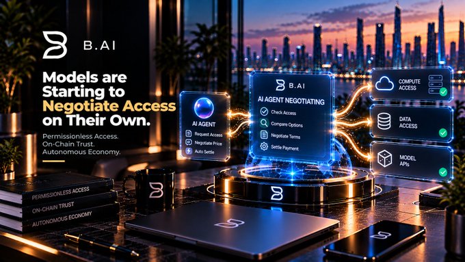 A B.AI promotional image depicting an AI agent negotiating access to compute, data, and model APIs with the tagline 'Models are Starting to Negotiate Access on Their Own,' emphasizing 'PERMISSIONLESS ACCESS' and 'AUTONOMOUS ECONOMY'.