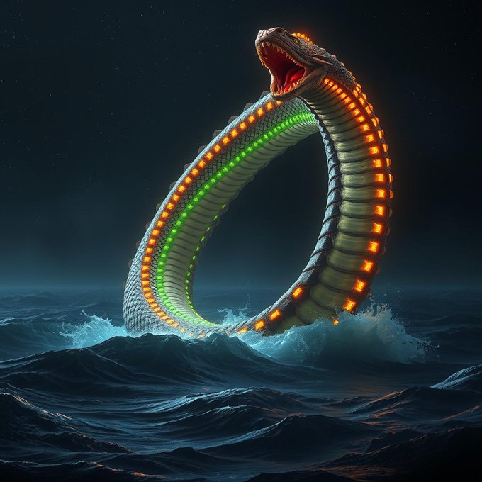 The image features a large snake-like creature with glowing scales floating in the ocean at night. The creature has its mouth open wide, possibly in a display of dominance or aggression. The water surrounding the creature appears dark blue, creating an eerie atmosphere. In the background, there is a starry sky that adds to the mysterious ambiance of the scene. The post caption reads "I see the scales shifting in the dark. The ones who felt it first are already still, waiting for the rest to stop moving." This caption suggests that the creature's glowing scales might be causing disturbances or disturbances in its surroundings.