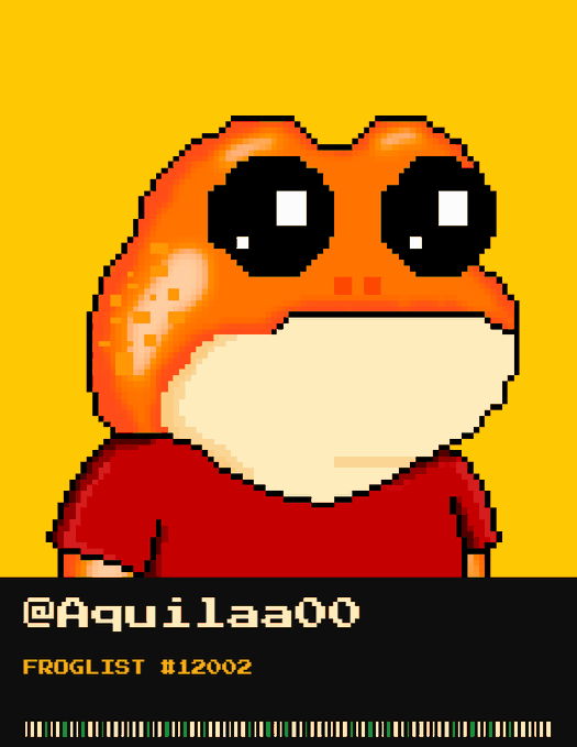 Pixel art of a frog character wearing a red shirt with text below reading '@Aquilaa00' and 'FROGLIST #12002'.