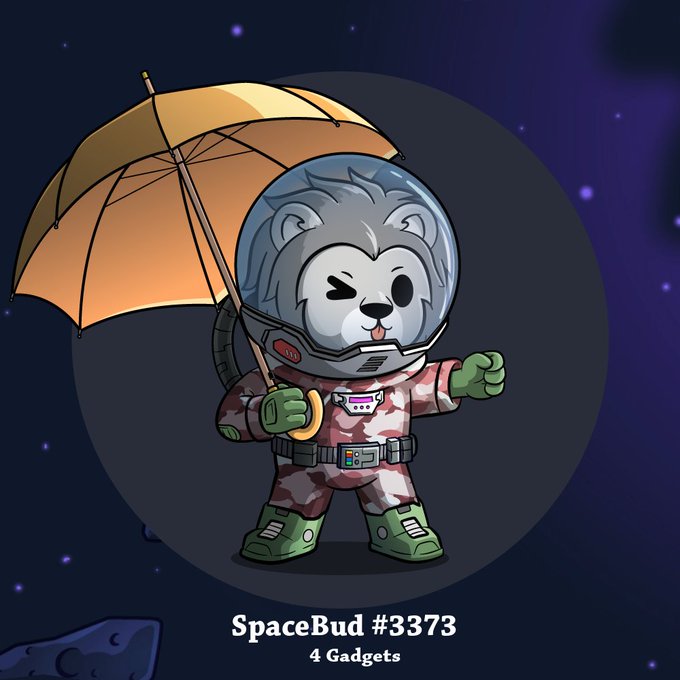 An illustration of SpaceBud #3373, a grey cartoon character in a pink camo spacesuit holding a large yellow umbrella.