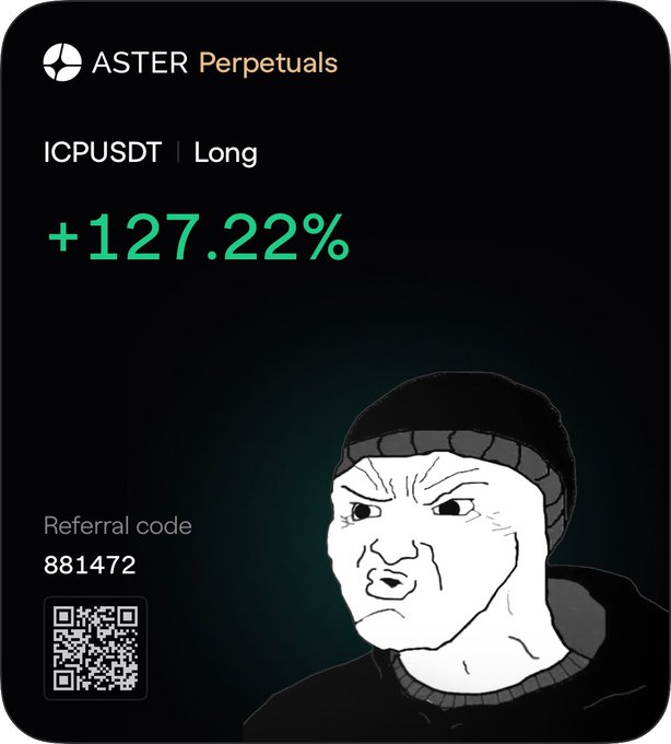 A promotional graphic for ASTER Perpetuals showing a '+127.22%' return on an 'ICPUSDT | Long' trade, featuring a 'Wojak' meme face and a referral code '881472'.
