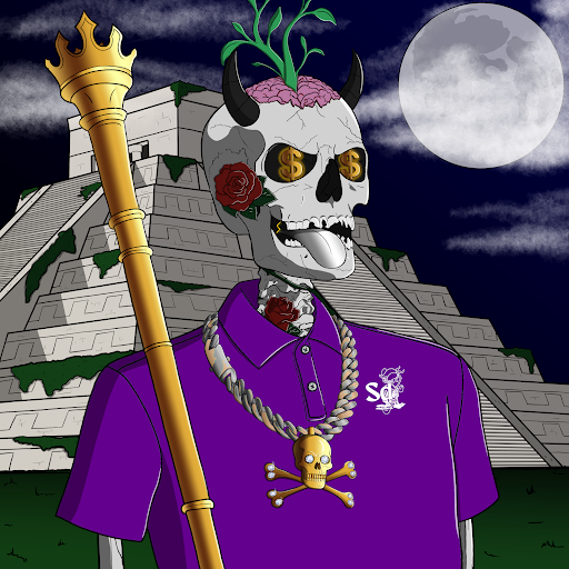 A digital illustration depicts a skeletal figure wearing a purple polo shirt with gold dollar signs for eyes, horns sprouting from an exposed brain, holding a golden staff, with a Mayan pyramid and full moon in the background.