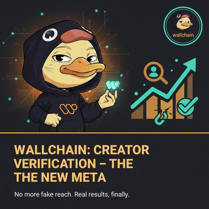 The image features a cartoon duck wearing a hoodie, holding up a blue crystal ball with a green arrow pointing towards it. The text above the duck reads "Wallchain creator verification - The new metaa", while below the duck there's a caption that says "no more fake reach. Real results. Finally".
