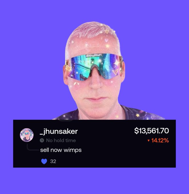 Meme image of a man wearing futuristic sunglasses against a purple background, with an overlaid tweet from _jhunsaker showing a stock/crypto position down 14.12% to $13,561.70 captioned 'sell now wimps'.