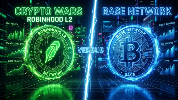 A digital graphic comparing two crypto networks in a "Crypto Wars" showdown, featuring a glowing green Robinhood L2 coin on the left with metrics for scalability, transaction speed, and user growth, versus a glowing blue Base Network coin on the right with Layer 2 adoption, TVL growth, and fees stats, all separated by a lightning bolt with "VERSUS" displayed between them—visually representing the comparison between Robinhood's new Arbitrum Orbit L2 and Coinbase's Base network ($BASE).