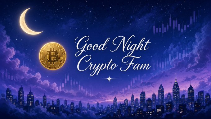 A digital illustration with 'Good Night Crypto Fam' text, featuring a glowing Bitcoin coin, a crescent moon, a starry night sky, and a cityscape silhouette.