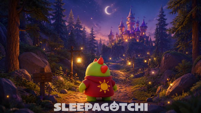 An illustrated scene titled 'SLEEPAGOTCHI' showing a green dragon-like character wearing a red cape with a sun emblem, standing on a path toward a glowing castle under a starry night sky with a crescent moon.