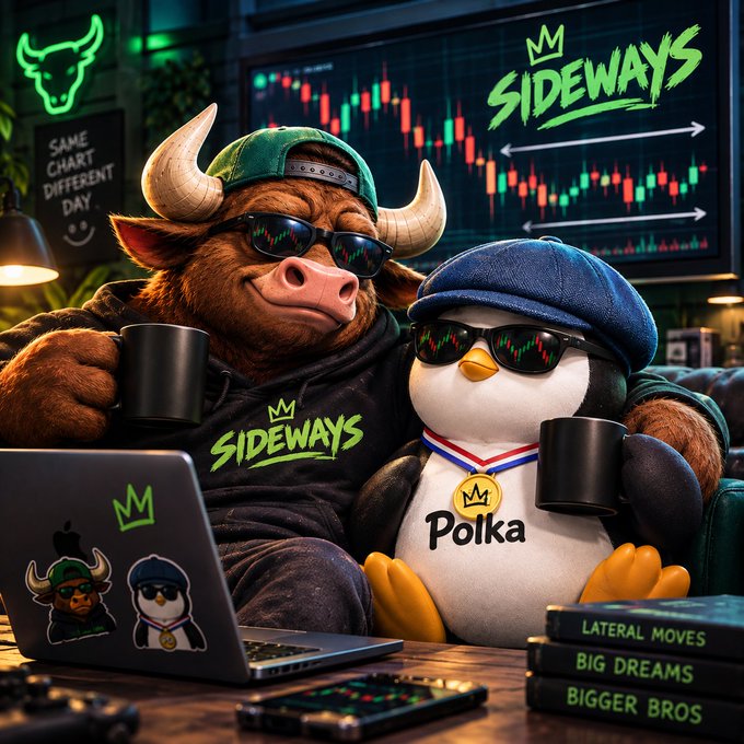 A digital illustration of a bull wearing a 'SIDEWAYS' shirt and sunglasses alongside a penguin wearing a 'Polka' medal, surrounded by trading screens and books titled 'LATERAL MOVES', 'BIG DREAMS', 'BIGGER BROS'.
