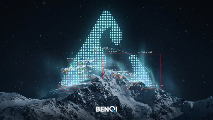 The image features a large mountain under a dark sky, with a blue dot representing a snowflake pattern. The text "benqi" appears multiple times throughout the image, suggesting that this could be an advertisement or promotional material for BenQI.
