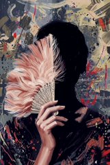 A dark silhouette of a figure holds a pink fan in front of their face against a colorful, paint-splattered abstract background.
