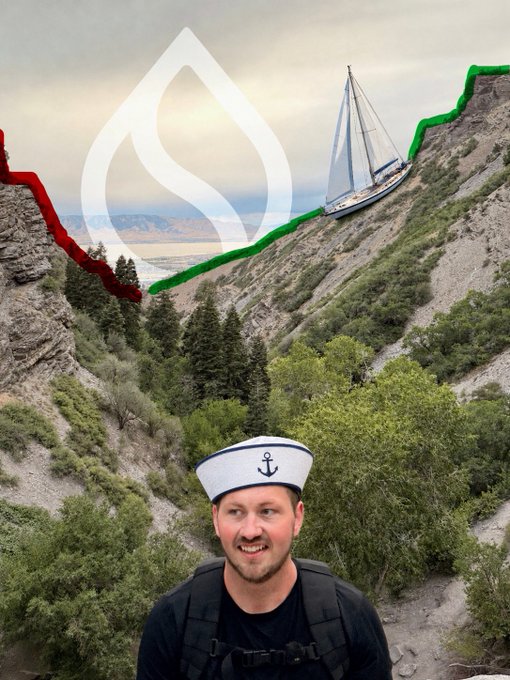 A man wearing a sailor hat stands in front of a surreal landscape featuring a sailboat balanced on a cliff, with a Sui blockchain logo overlay and a red-to-green chart line depicting a dramatic market turnaround.