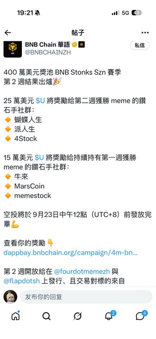 The image shows a Twitter/X post from BNB Chain (BNBCHAINZH) announcing that $4M BNB Stonks Szn Season Phase 2 results are out, with $25 SU rewards distributed to second-place winning meme holders including 蝙蝠人生, 派人生, and 4Stock, plus $15 SU to first-place holders like Niu Lai (牛市), MarsCoin, and memestock. The caption ties in as it confirms the Phase 2 rewards have been distributed, highlighting Niu Lai and MarsCoin as reward recipients for holding winning meme tokens, with the claim reward link (dappbay.bnbchain.org) still active.
