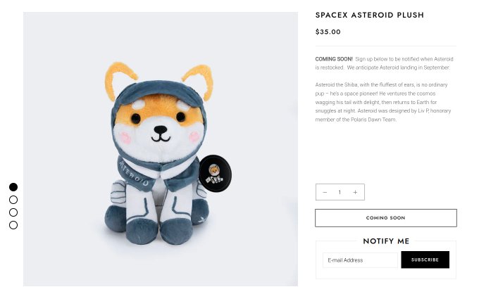 The image features a stuffed animal dog wearing a spacesuit, sitting next to a website's product page for a space-themed plush toy called the Asteroid. The text on the image suggests that the toy has been recently purchased by someone named Notify Me, and they are excited about it. The post also mentions that the toy is coming soon, which implies that the owner of the toy might be eagerly anticipating its arrival.