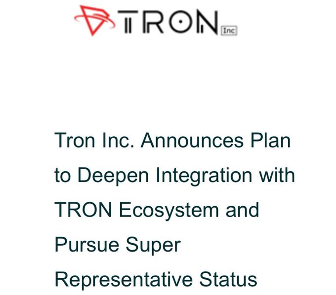 A press release graphic from Tron Inc. featuring the company's red logo, with text announcing their plan to deepen integration with the TRON Ecosystem and pursue Super Representative status.