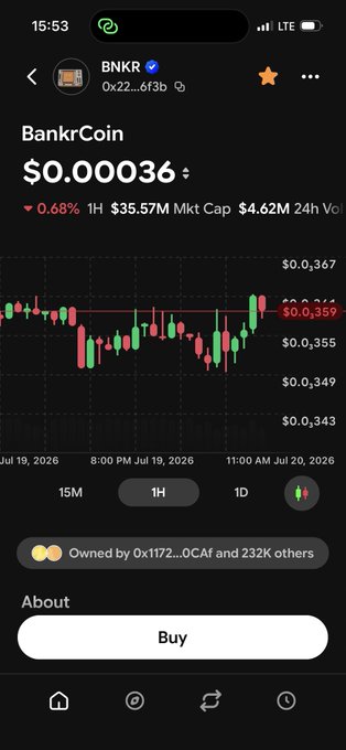 A mobile cryptocurrency trading app showing BankrCoin (BNKR) priced at $0.00036 with a candlestick chart displaying recent price movements.