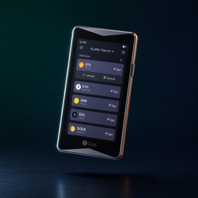 The image shows an **Ellipal Titan 2.0** hardware wallet displaying multiple cryptocurrency accounts, including BTC (Bitcoin), ETH (Ethereum), BNB (Binance), SOL (Solana), and DOGE (Dogecoin), each with options to Sign, Connect, or Receive. This visual reinforces the accompanying message about securely migrating crypto funds—highlighting the importance of using an air-gapped hardware wallet like the Ellipal Titan to safely sign transactions, verify addresses on-screen, and perform small test sends before moving the rest of one's holdings.