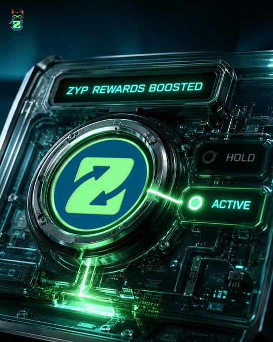 A high-tech, circuit-board styled graphic displays the text "ZYP REWARDS BOOSTED" above a large Z logo, with toggle indicators set to "ACTIVE" and "HOLD".