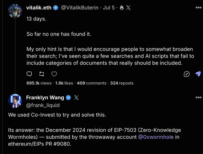 A tweet by Vitalik Buterin (@VitalikButerin) from July 5 mentions a 13-day challenge and hints to broaden searches, with a reply from Franklyn Wang (@frank_liquid) explaining the answer involved EIP-7503 (Zero-Knowledge Wormholes) submitted via a throwaway account.