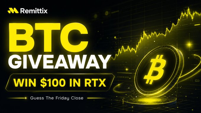 The promotional banner advertises a Remittix BTC Giveaway offering $100 in RTX, with a Bitcoin coin graphic and a rising yellow price chart on a black background. Text reads "BTC GIVEAWAY," "WIN $100 IN RTX," and "Guess The Friday Close," matching the post's call for users to predict Bitcoin's closing price on Friday to enter.