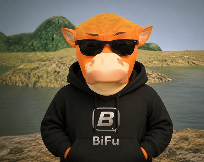 An orange bull-headed character wearing sunglasses and a black hoodie with "BiFu" branding stands against a landscape backdrop, symbolizing the "BiFu" crypto meme brand referenced in the post. The bull imagery and "BiFu" text reinforce the post's theme of crypto wealth ("幣富" meaning "currency/wealth").