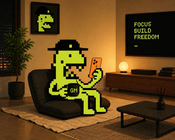 A pixel-art style green dinosaur character wearing a hat, sitting in a chair holding a phone and a 'GM' mug, with a framed pixel portrait and a TV displaying 'FOCUS BUILD FREEDOM' in the background.