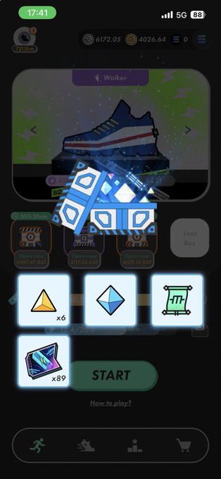 A mobile game screenshot showing a 'Walker' sneaker item, 3D-printed shoe rewards, and resource items (yellow x6, blue x1, ticket x1, card x89) with a START button.