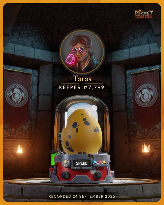 A digital trading card from 'Pocket Dragons' featuring a character named 'Taras' with a keeper number of #7,799, showing a spotted egg in a machine, recorded 24 September 2026.