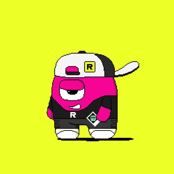 A pixel art character with a pink head, one large eye, and a backward cap marked with an "R" stands against a yellow background. The character is dressed in a black outfit featuring an "R" on the chest and a small emblem, fitting the Gloombles NFT project's quirky, streetwear-inspired aesthetic.