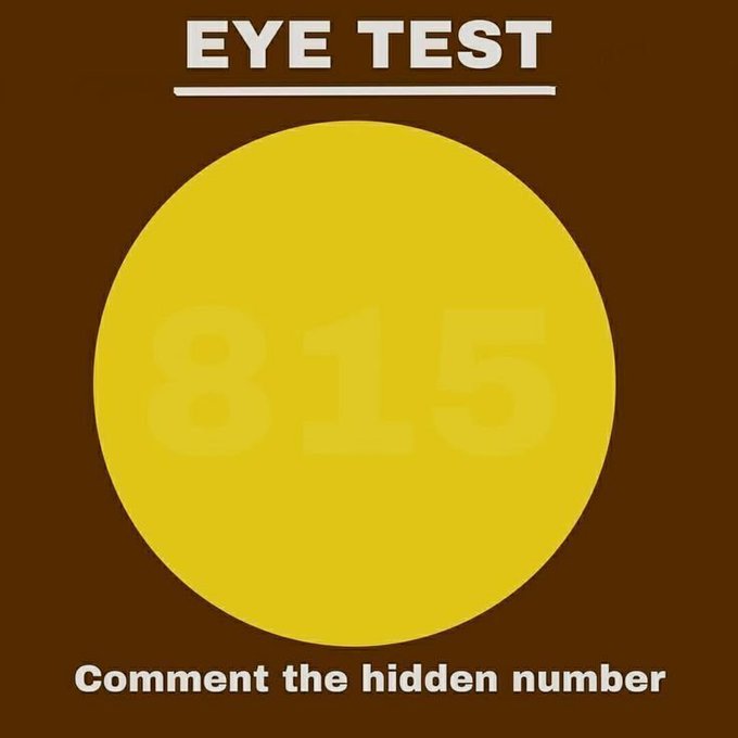 An 'EYE TEST' challenge graphic featuring a large yellow circle on a brown background with a faint hidden number '845' inside, instructing viewers to 'Comment the hidden number'.