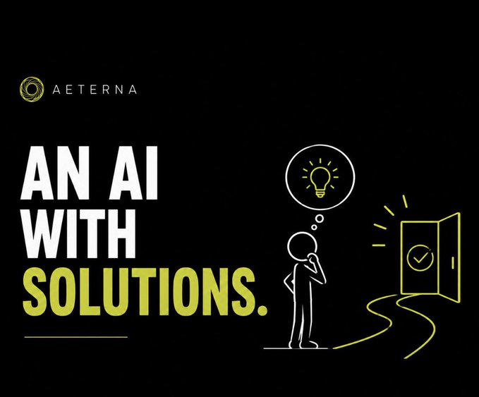 The image is a black promotional graphic for "AETERNA" featuring the bold tagline "AN AI WITH SOLUTIONS." in white and yellow text, alongside a yellow line-art illustration of a stick figure thinking beneath a lightbulb thought bubble, gazing at an open door marked with a checkmark.

The image aligns with the post by visually reinforcing Aeterna's mission to simplify Web3—a person contemplating a clear path forward (the open door) mirrors the message of moving past tedious tasks like wallet connections, bridging, and signing transactions, presenting AI-driven solutions as the way to a streamlined, "one universal address" experience.