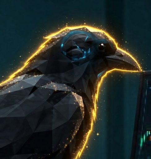 A dark polygonal crow is outlined and accented with glowing golden and blue particles, visually embodying the "CROWBRAIN" token's market intelligence concept.