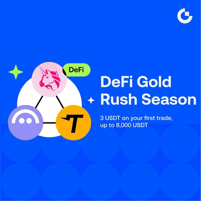 Promotional graphic titled 'DeFi Gold Rush Season' offering '3 USDT on your first trade, up to 8,000 USDT' with various crypto token logos.