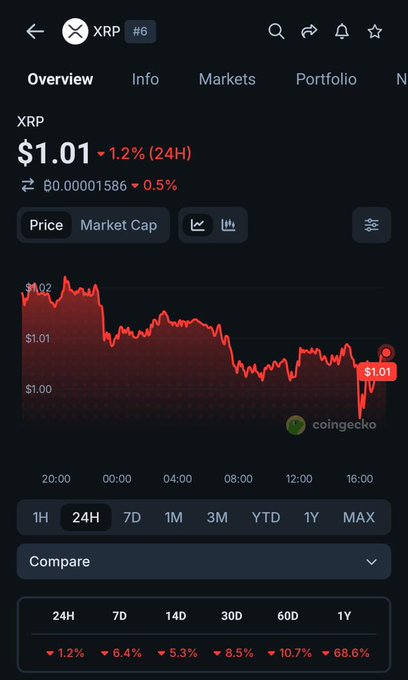 A CoinGecko app screenshot displaying the XRP price at $1.01, down 1.2% in 24H, with a downward-trending chart.