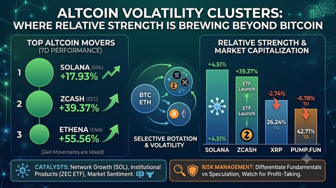 An infographic titled 'ALTCOIN VOLATILITY CLUSTERS' highlighting top 7-day performers Solana (+17.93%), Zcash (+39.37%), and Ethena (+55.56%), with a comparative bar chart showing relative strength versus market cap for SOL, ZEC, XRP, and PUMP.FUN.