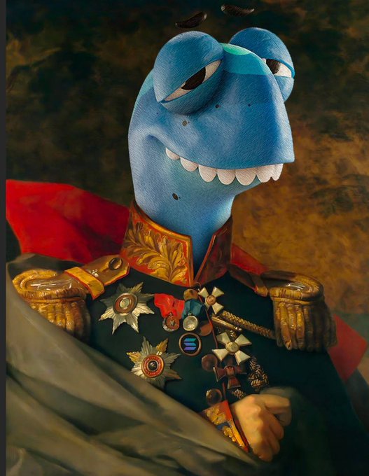 Stylized portrait of a blue cartoonish character with a smug expression, wearing an ornate military uniform adorned with gold epaulettes and medals.